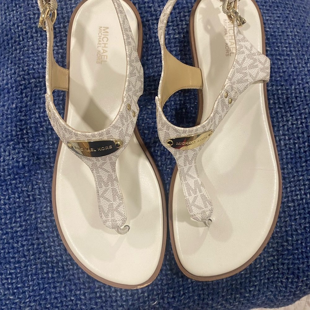 Michael Kors White and Tan Logo Sandals with Decorative Straps